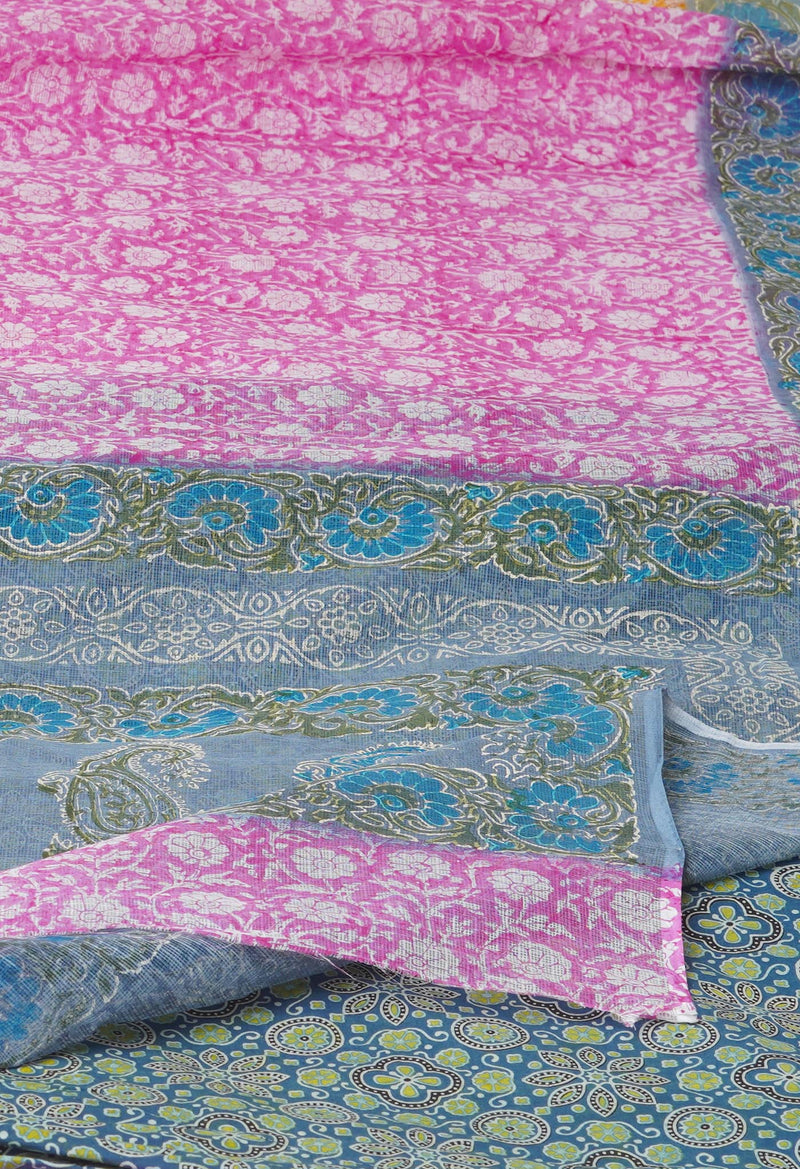 Pink Pure  Block Printed Kota Cotton Saree With Ajrakh Printed Blouse Piece-UNM74570