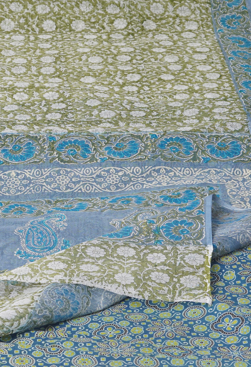 Green Pure  Block Printed Kota Cotton Saree With Ajrakh Printed Blouse Piece-UNM74571