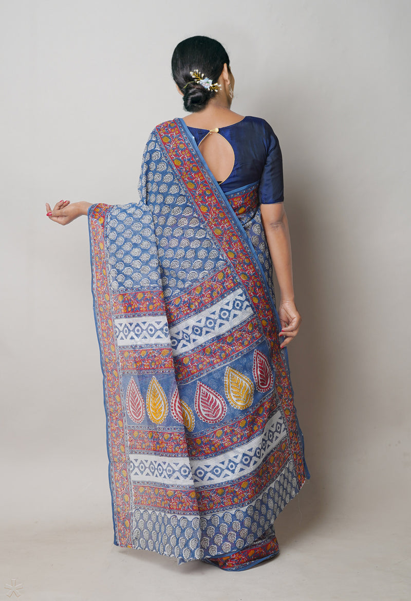 Blue Pure  Block Printed Kota Cotton Saree With Ikat Pochampally Printed  Blouse Piece-UNM74573