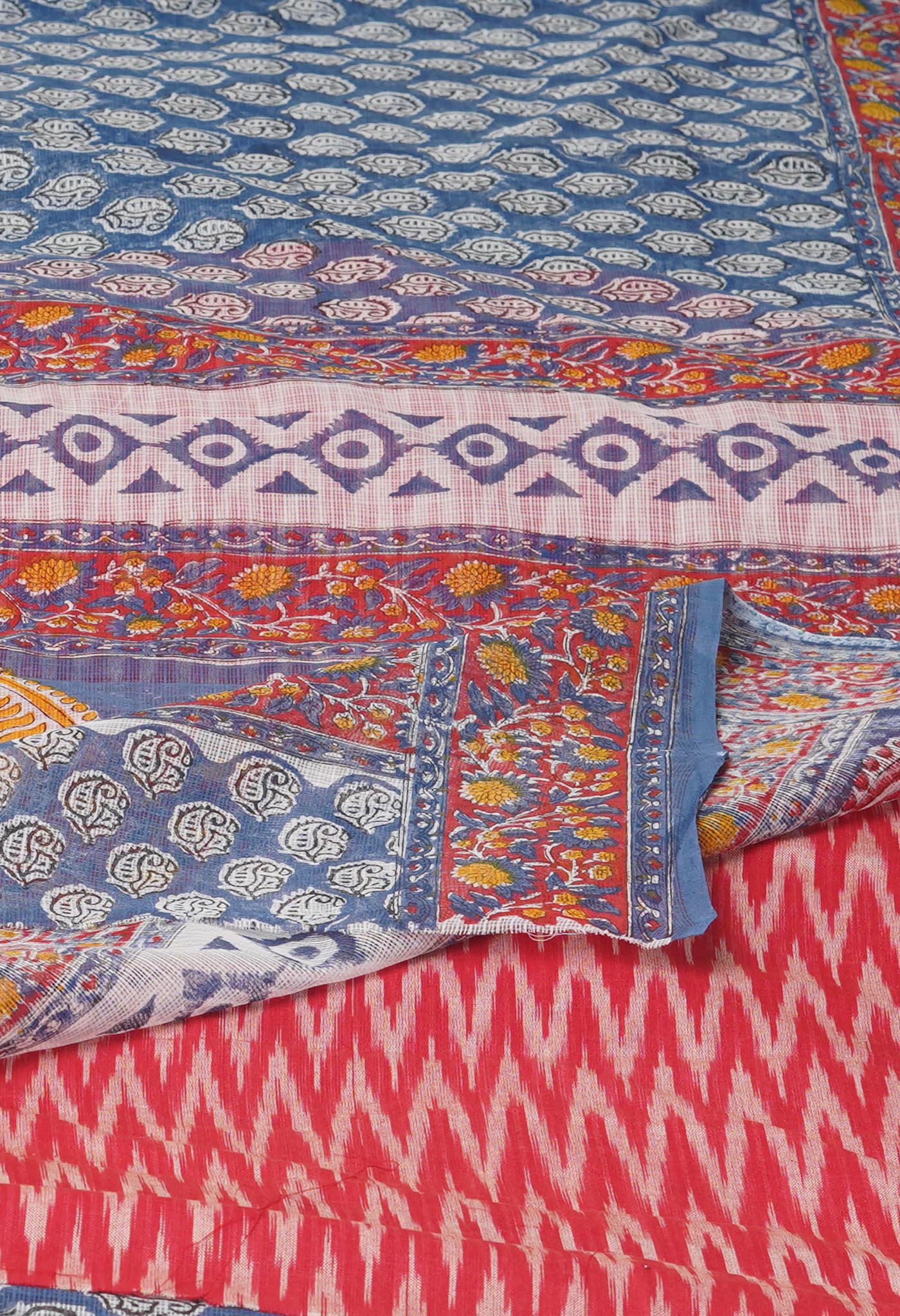 Blue Pure Block Printed Kota Cotton Saree With Ikat Pochampally Printed Blouse Piece