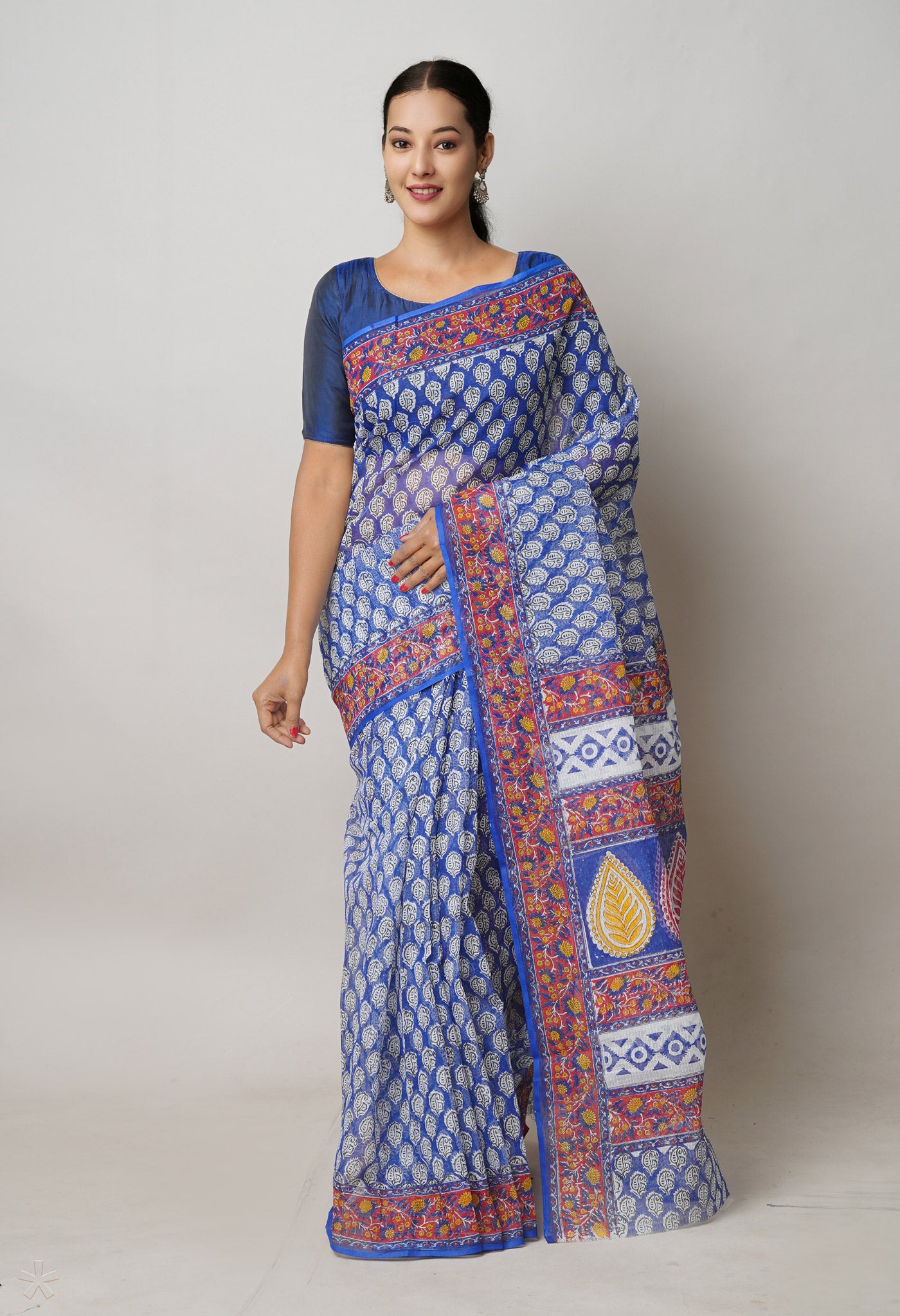 Blue Pure Block Printed Kota Cotton Saree With Ikat Pochampally Printed Blouse Piece