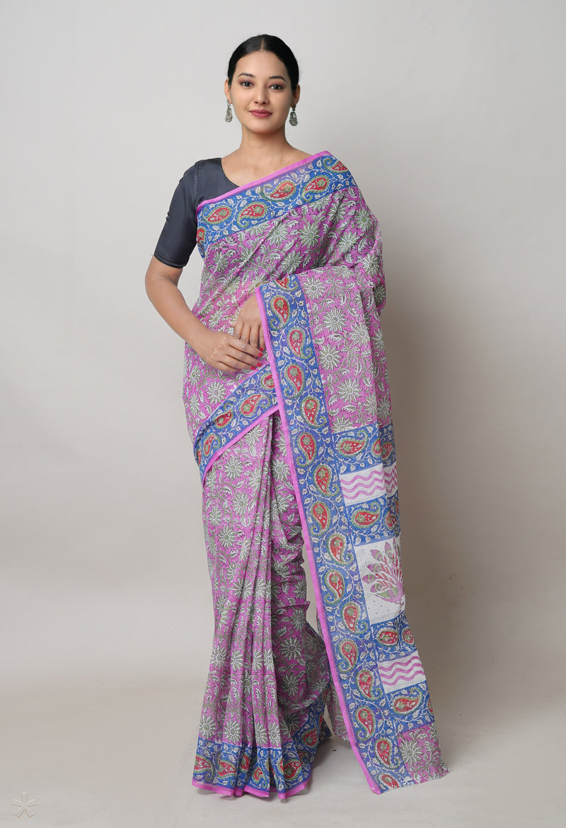 Pink Pure  Block Printed Kota Cotton Saree With Kalamkari Printed  Blouse Piece-UNM74576