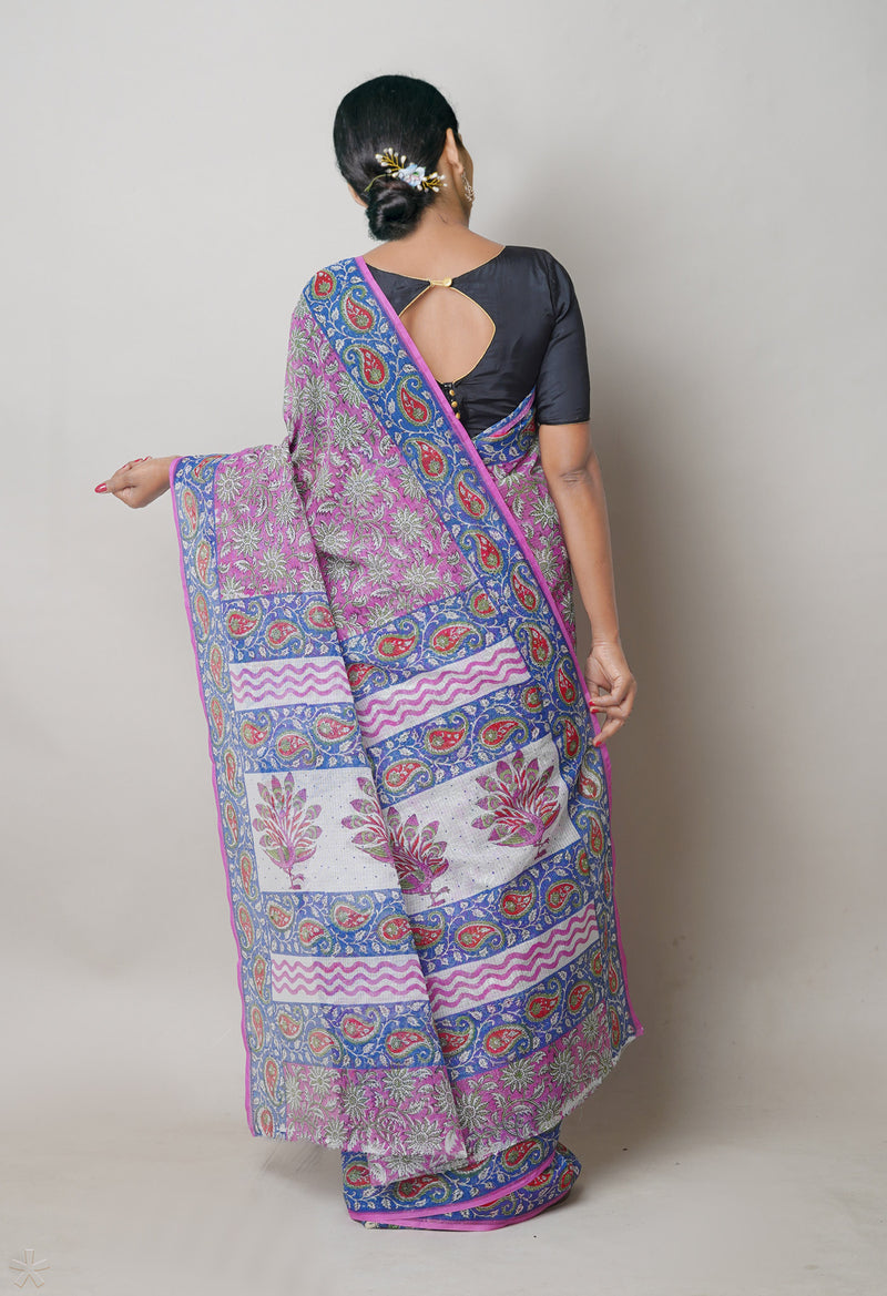 Pink Pure  Block Printed Kota Cotton Saree With Kalamkari Printed  Blouse Piece-UNM74576