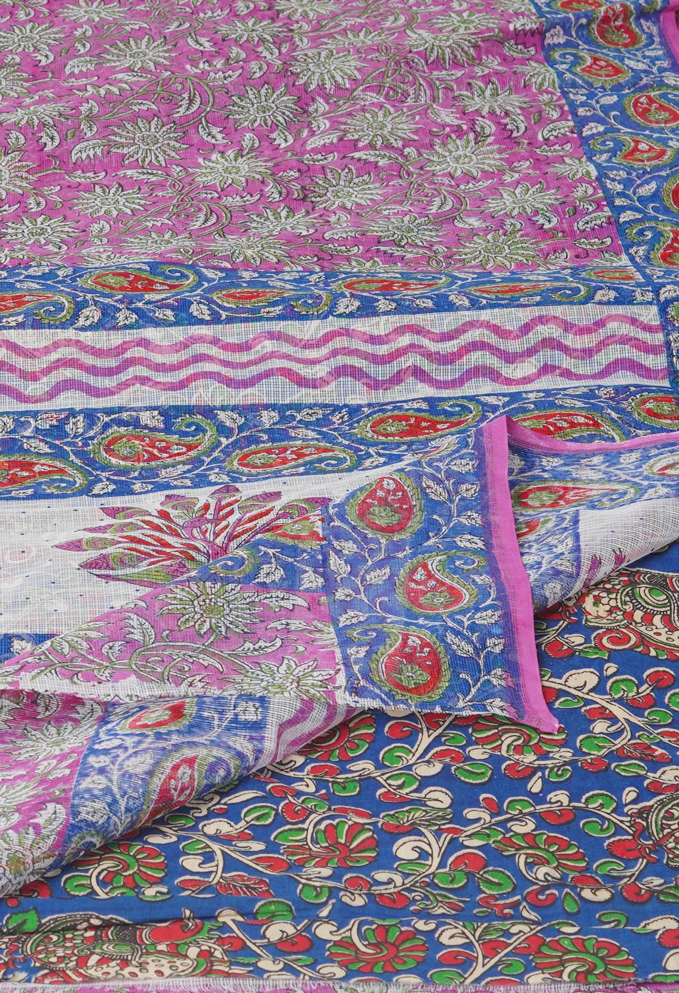 Pink Pure Block Printed Kota Cotton Saree With Kalamkari Printed Blouse Piece