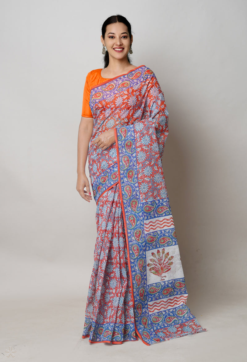 Rust Orange Pure  Block Printed Kota Cotton Saree With Kalamkari Printed  Blouse Piece-UNM74577