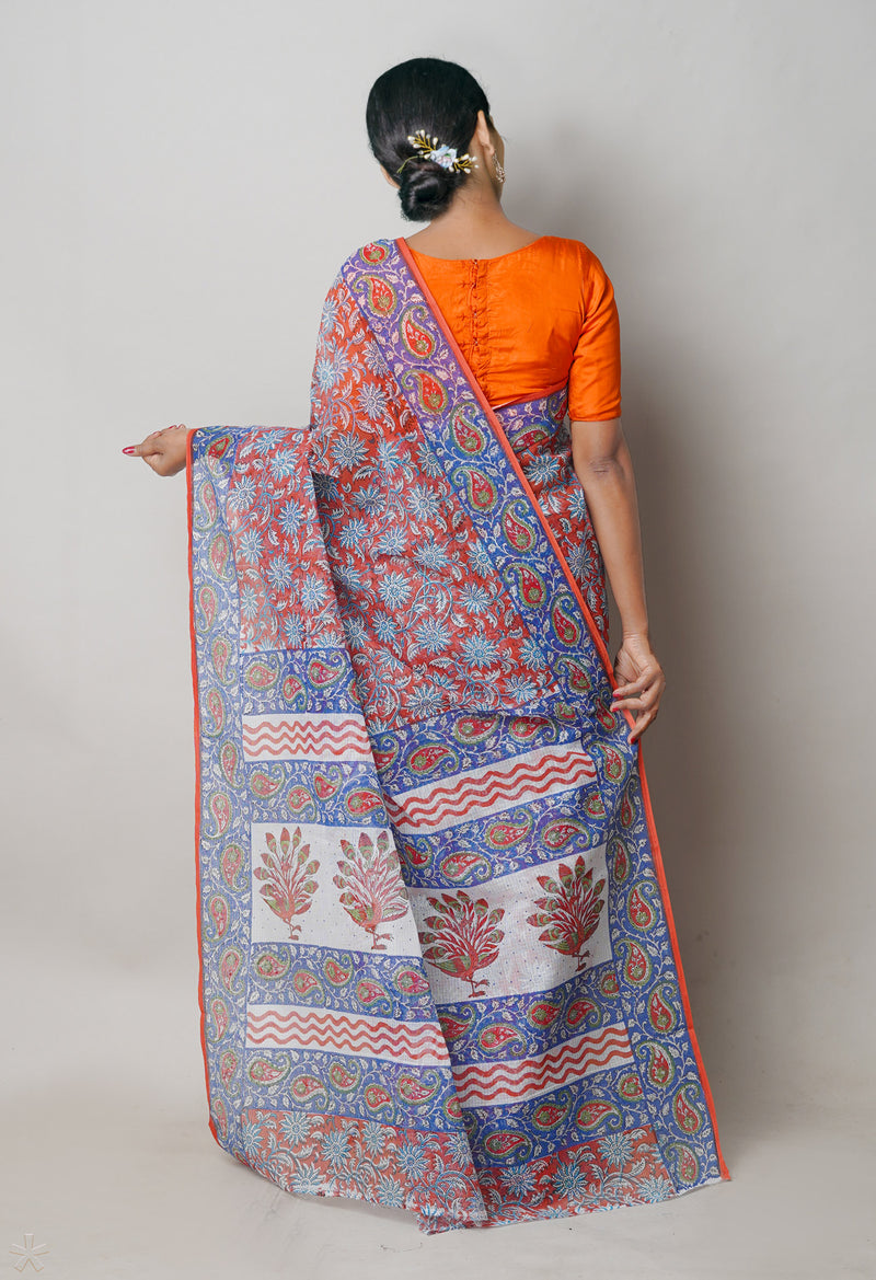 Rust Orange Pure  Block Printed Kota Cotton Saree With Kalamkari Printed  Blouse Piece-UNM74577