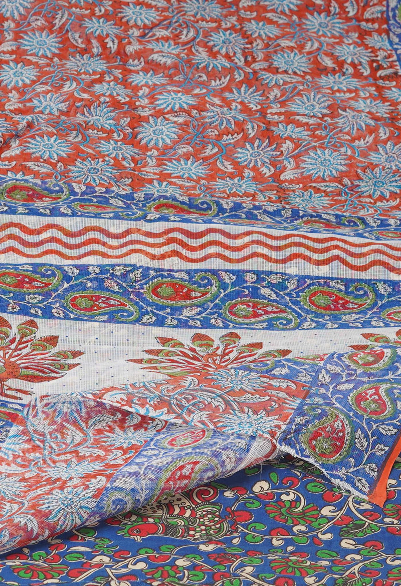 Rust Orange Pure  Block Printed Kota Cotton Saree With Kalamkari Printed  Blouse Piece-UNM74577
