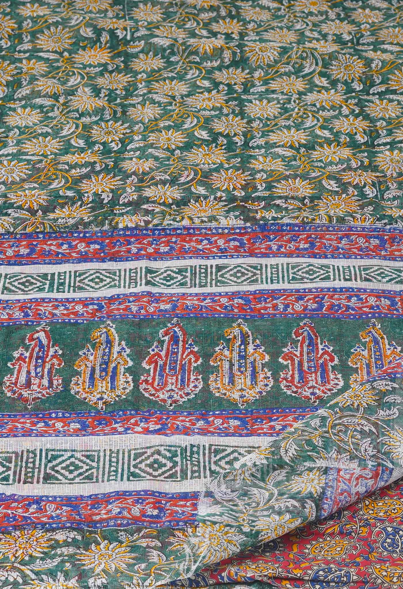 Green Pure  Block Printed Kota Cotton Saree With Ajrakh Printed Blouse Piece-UNM74580