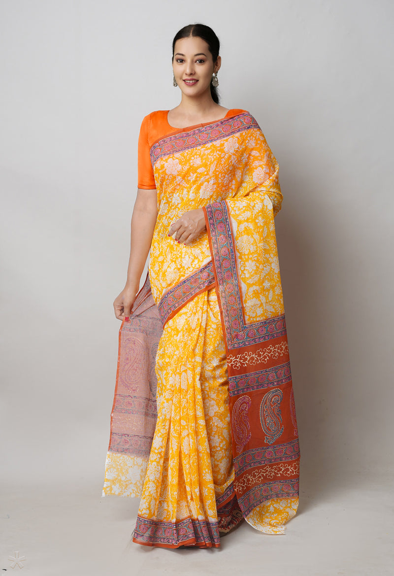 Yellow Pure  Block Printed Kota Cotton Saree With Kalamkari Printed  Blouse Piece-UNM74581