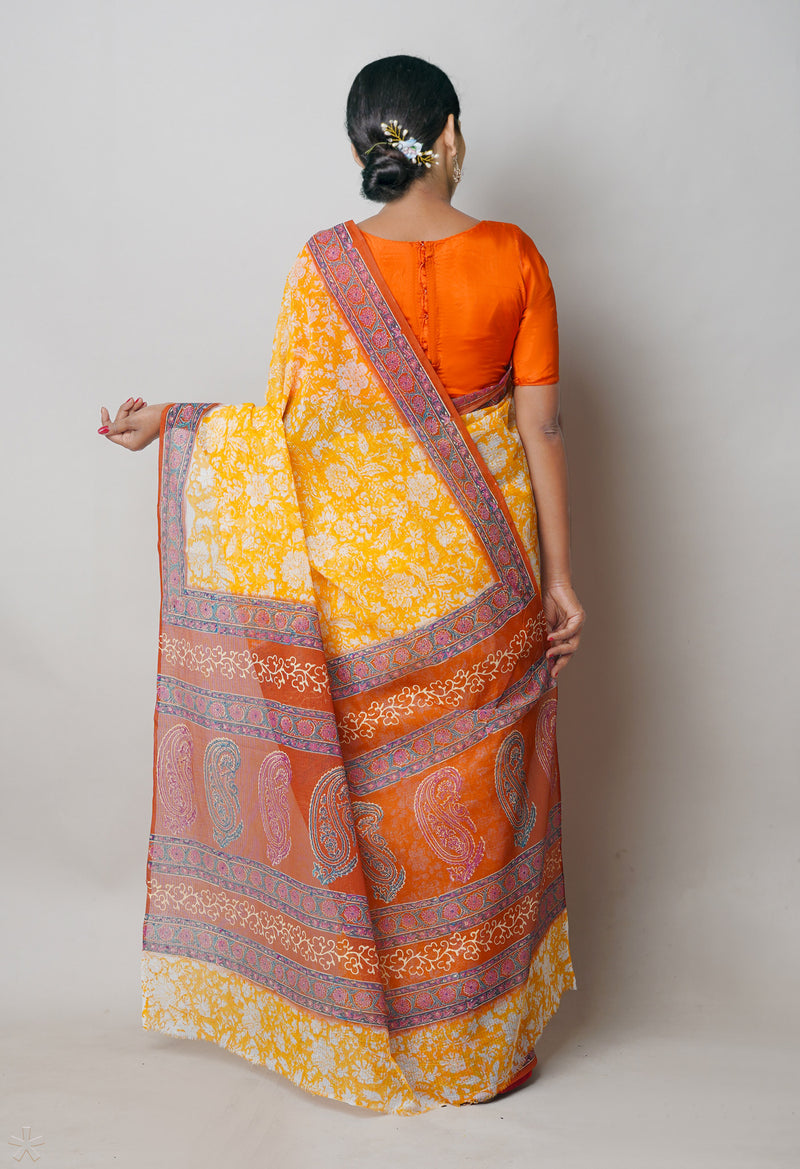 Yellow Pure  Block Printed Kota Cotton Saree With Kalamkari Printed  Blouse Piece-UNM74581