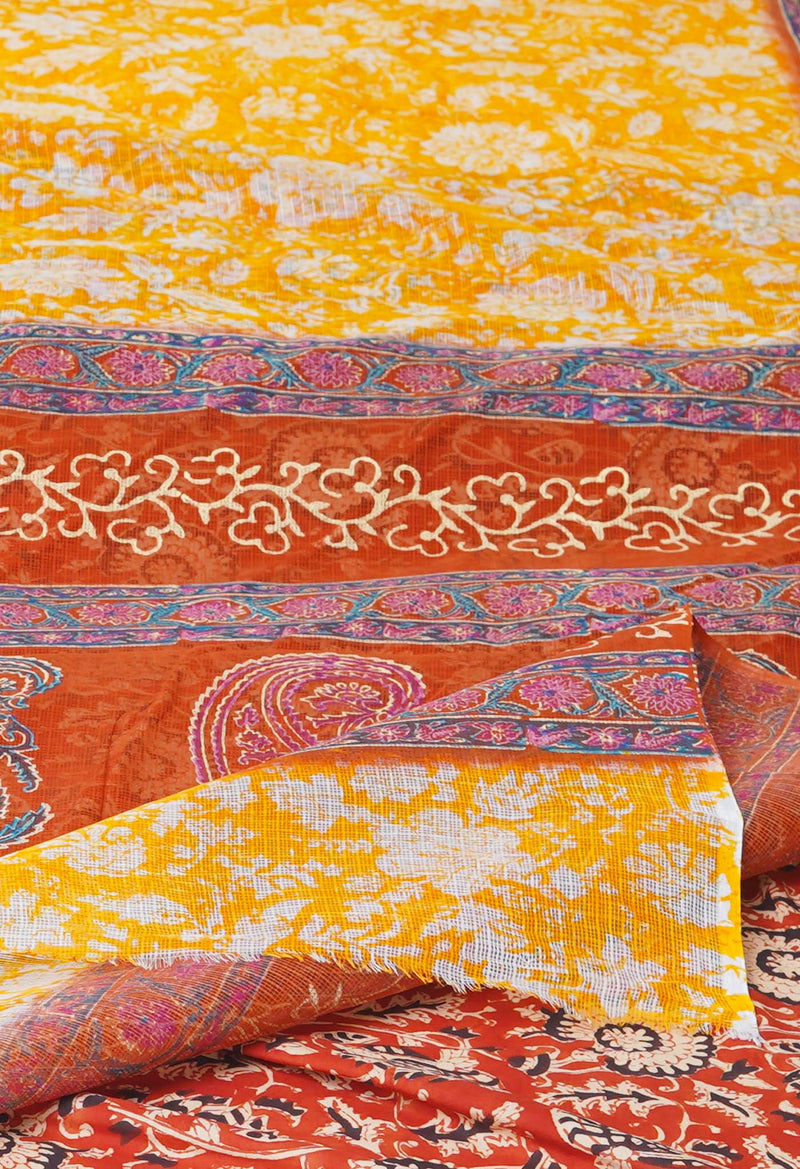 Yellow Pure  Block Printed Kota Cotton Saree With Kalamkari Printed  Blouse Piece-UNM74581