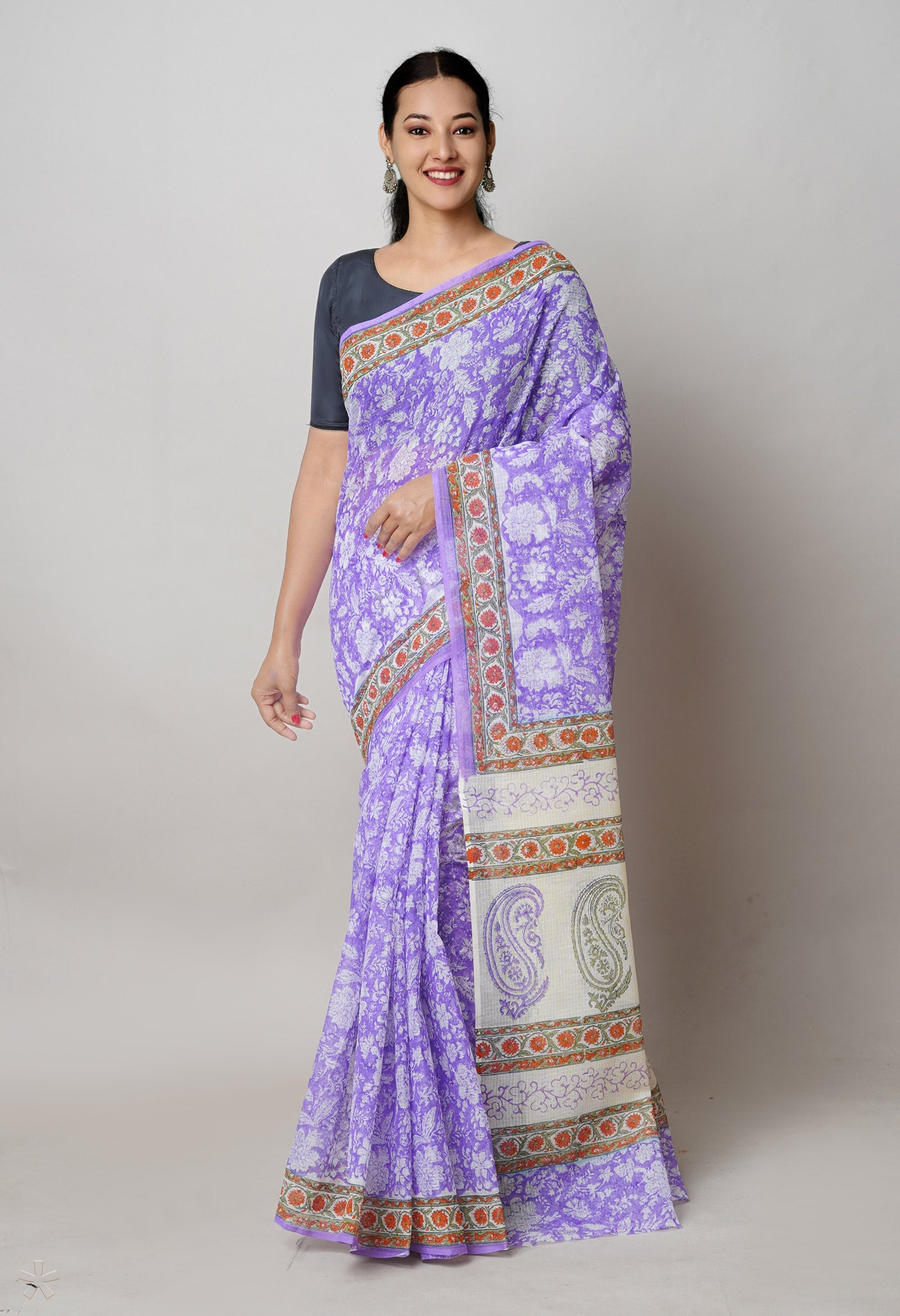 Purple Pure Kota Cotton Saree With Kalamkari Printed Blouse Piece