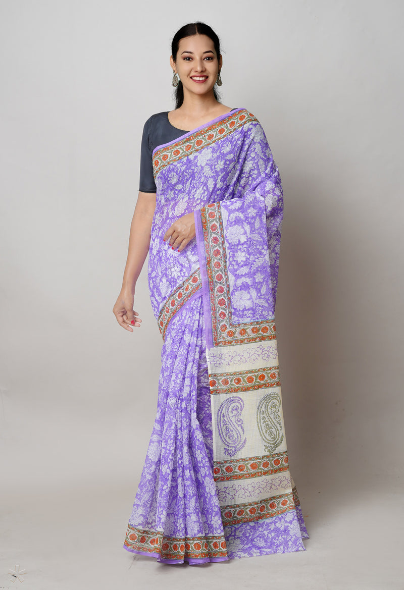 Purple Pure  Block Printed Kota Cotton Saree With Kalamkari Printed  Blouse Piece-UNM74582