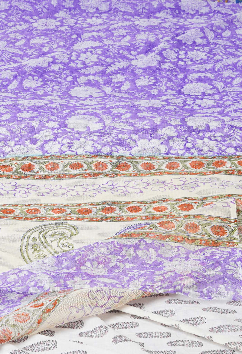 Purple Pure  Block Printed Kota Cotton Saree With Kalamkari Printed  Blouse Piece-UNM74582