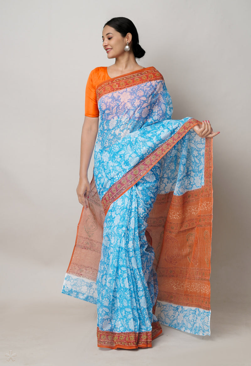 Blue Pure  Block Printed Kota Cotton Saree With Kalamkari Printed  Blouse Piece-UNM74584