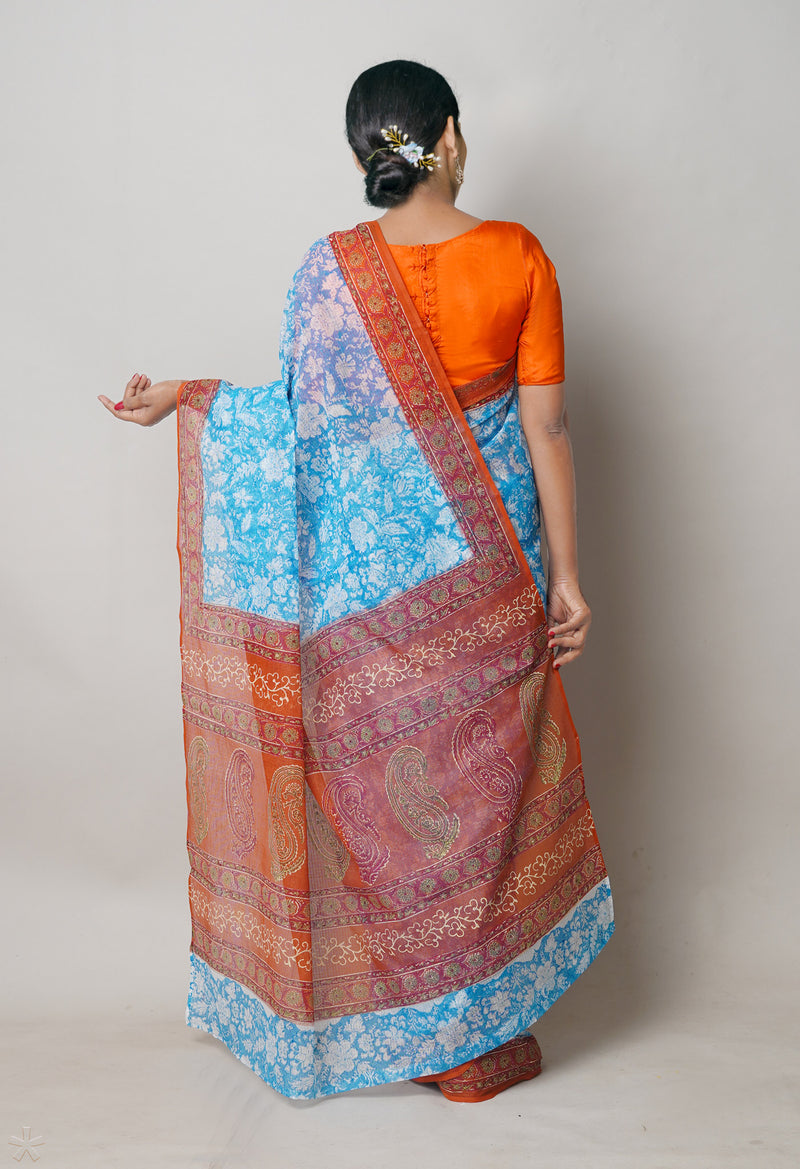 Blue Pure  Block Printed Kota Cotton Saree With Kalamkari Printed  Blouse Piece-UNM74584
