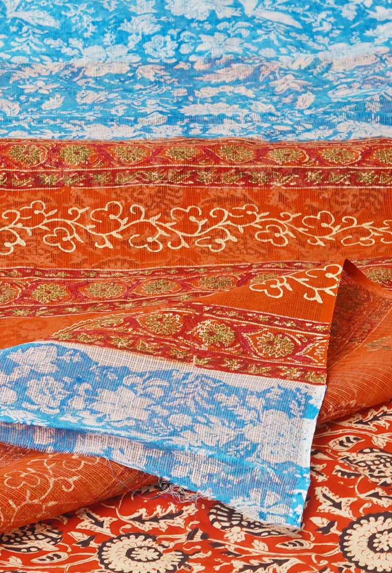 Blue Pure  Block Printed Kota Cotton Saree With Kalamkari Printed  Blouse Piece-UNM74584