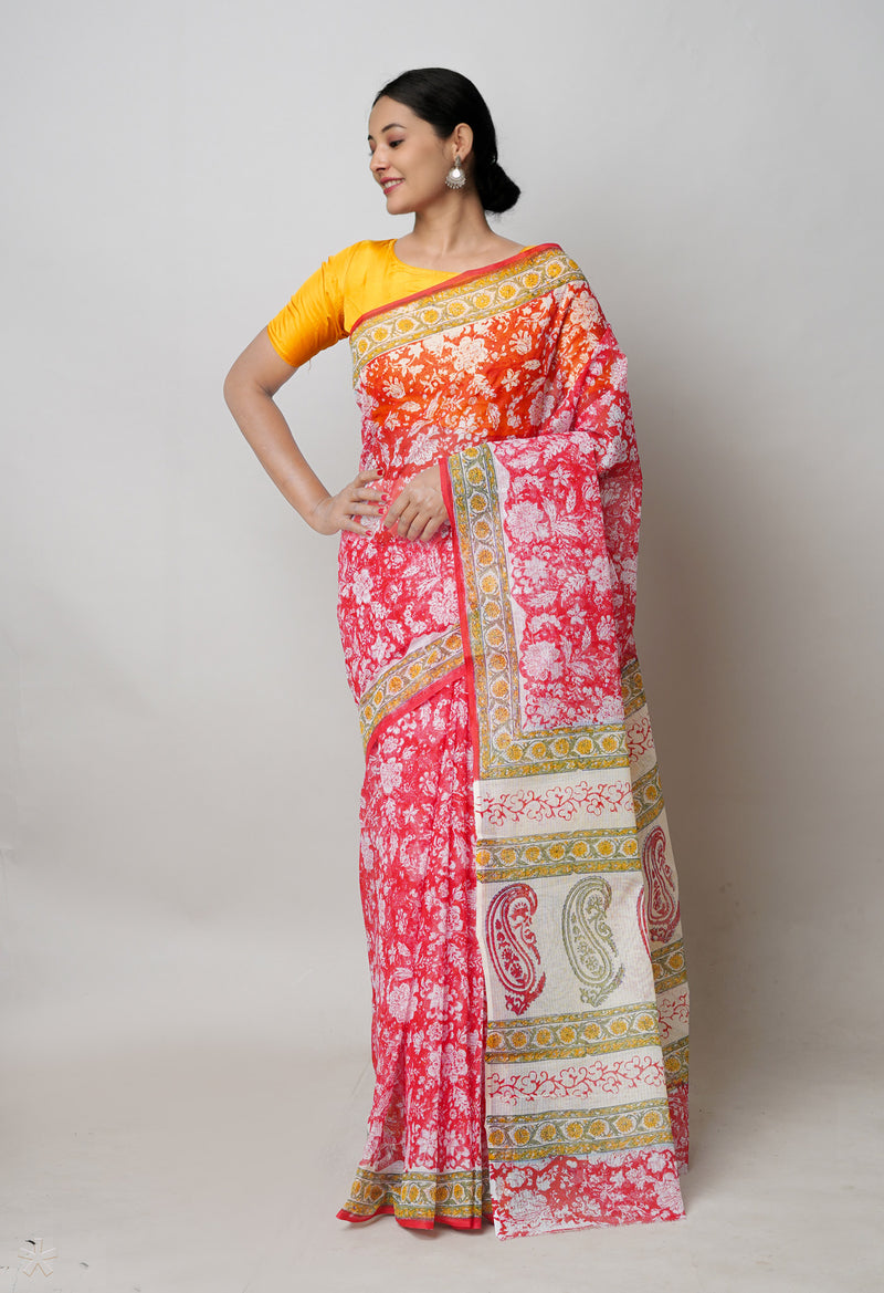 Red Pure  Block Printed Kota Cotton Saree With Kalamkari Printed  Blouse Piece-UNM74585