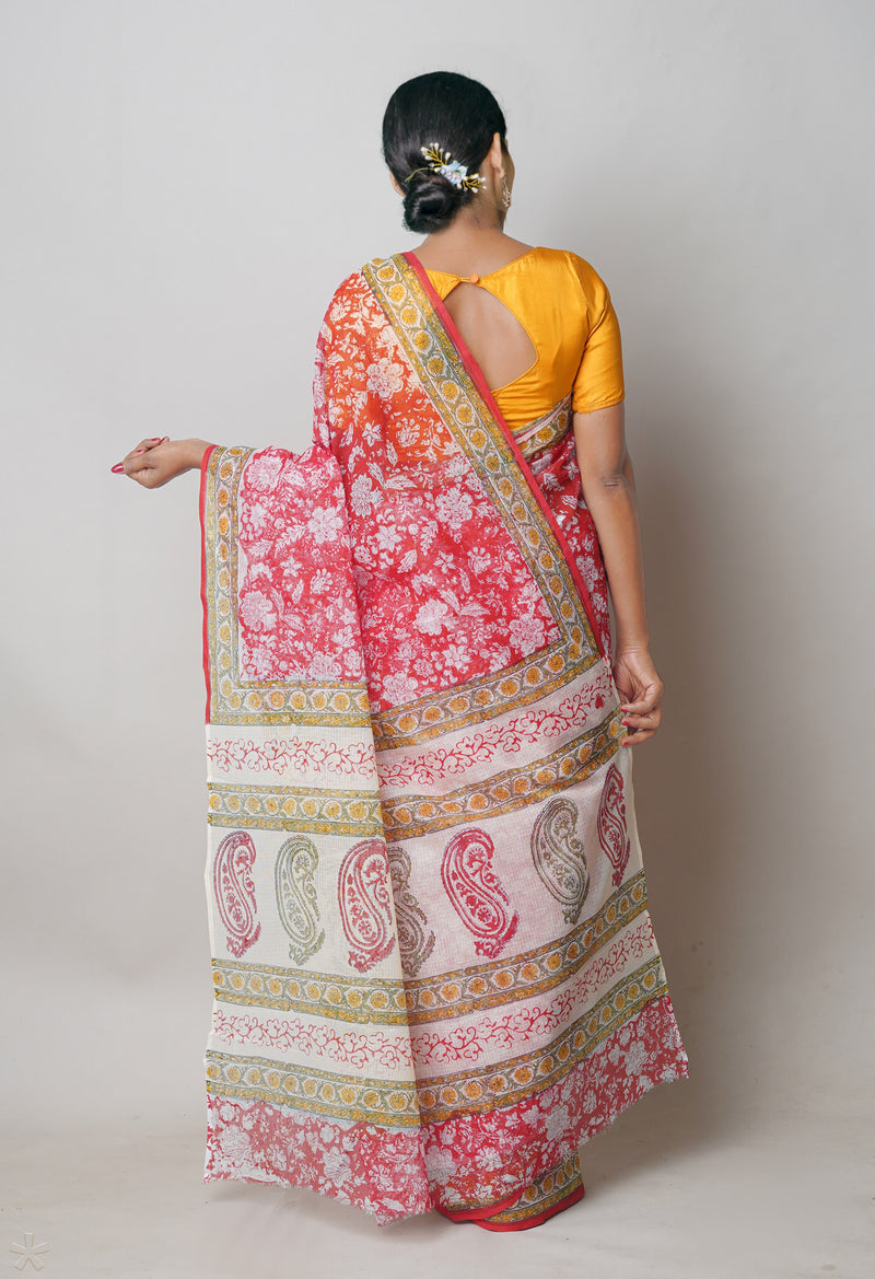 Red Pure  Block Printed Kota Cotton Saree With Kalamkari Printed  Blouse Piece-UNM74585