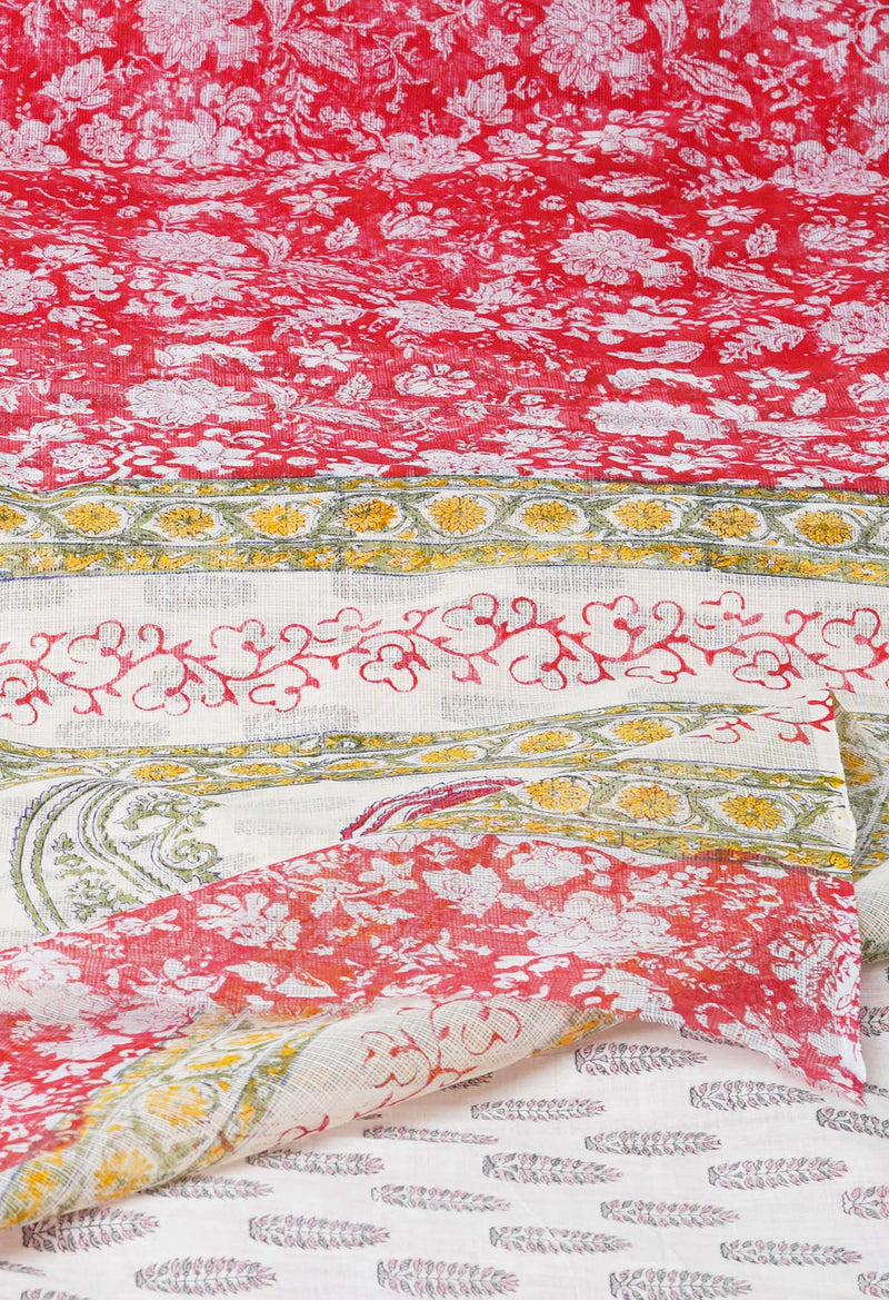 Red Pure  Block Printed Kota Cotton Saree With Kalamkari Printed  Blouse Piece-UNM74585