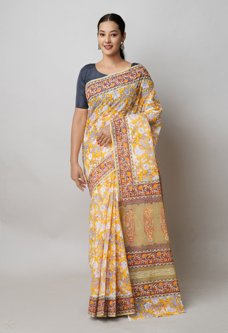 Yellow Pure  Block Printed Kota Cotton Saree With Ajrakh Printed Blouse Piece-UNM74587
