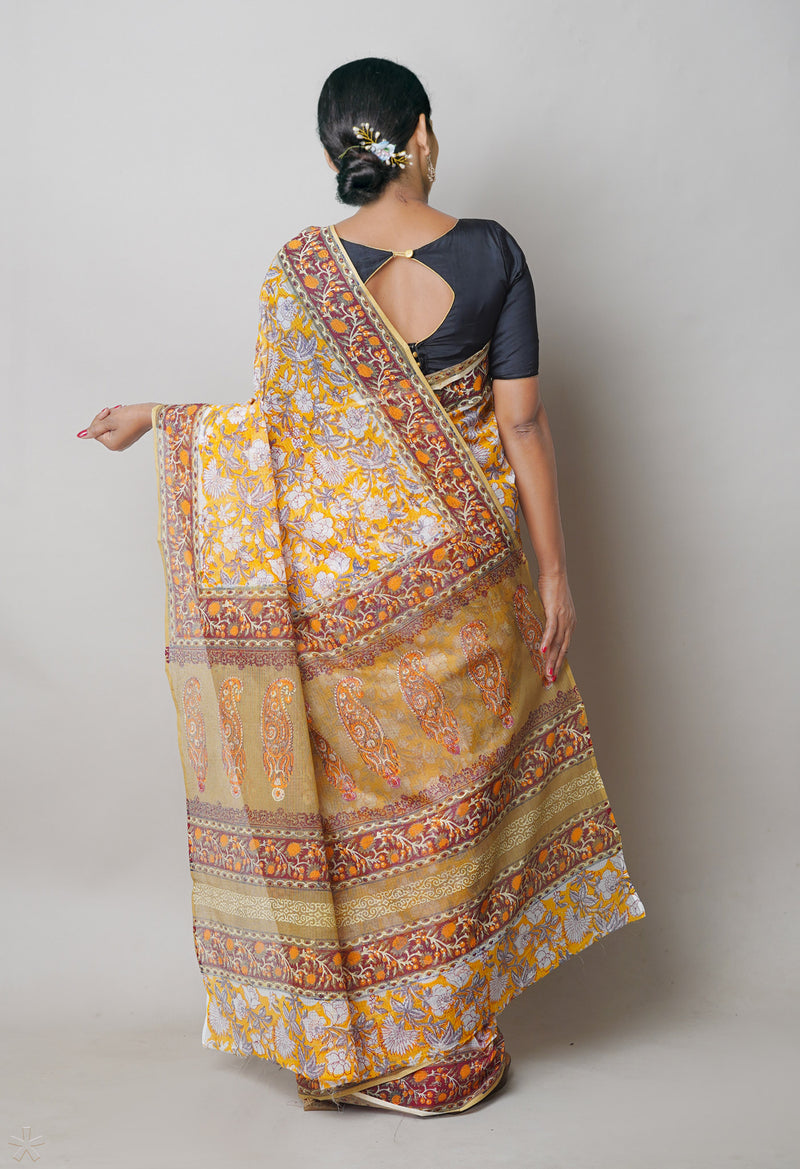 Yellow Pure  Block Printed Kota Cotton Saree With Ajrakh Printed Blouse Piece-UNM74587