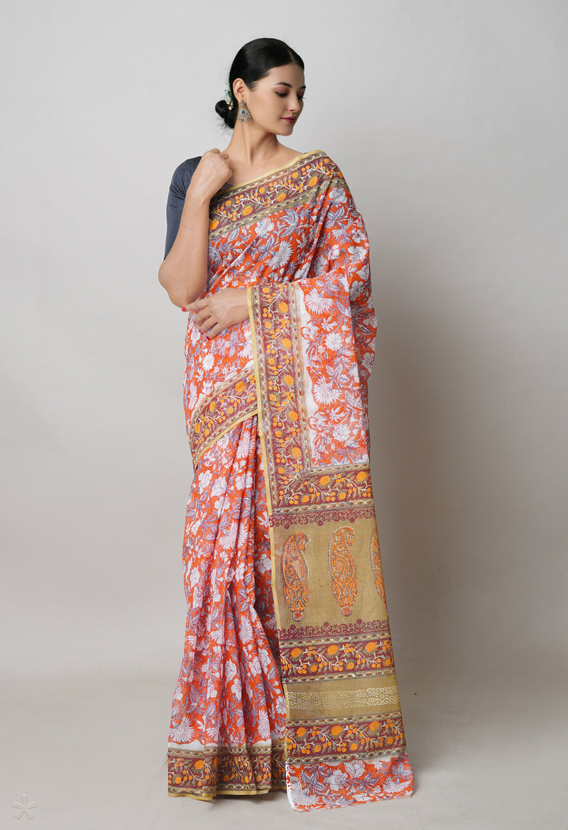 Orange Pure  Block Printed Kota Cotton Saree With Ajrakh Printed Blouse Piece-UNM74589