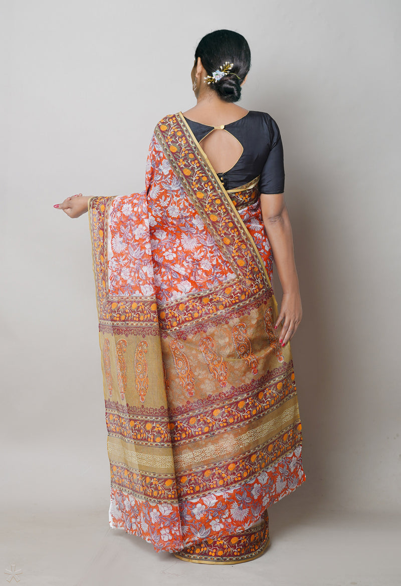 Orange Pure  Block Printed Kota Cotton Saree With Ajrakh Printed Blouse Piece-UNM74589