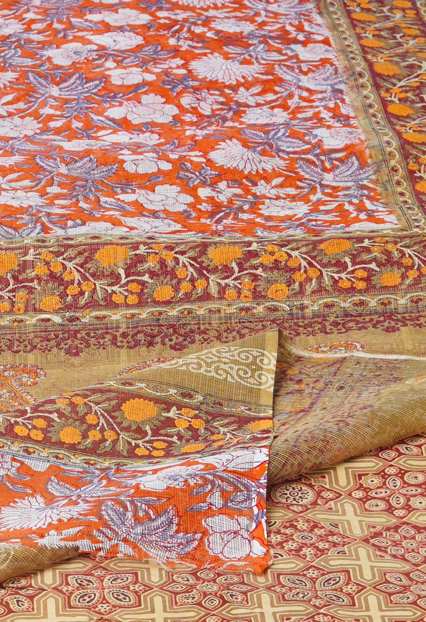 Orange Pure Block Printed Kota Cotton Saree With Ajrakh Printed Blouse Piece