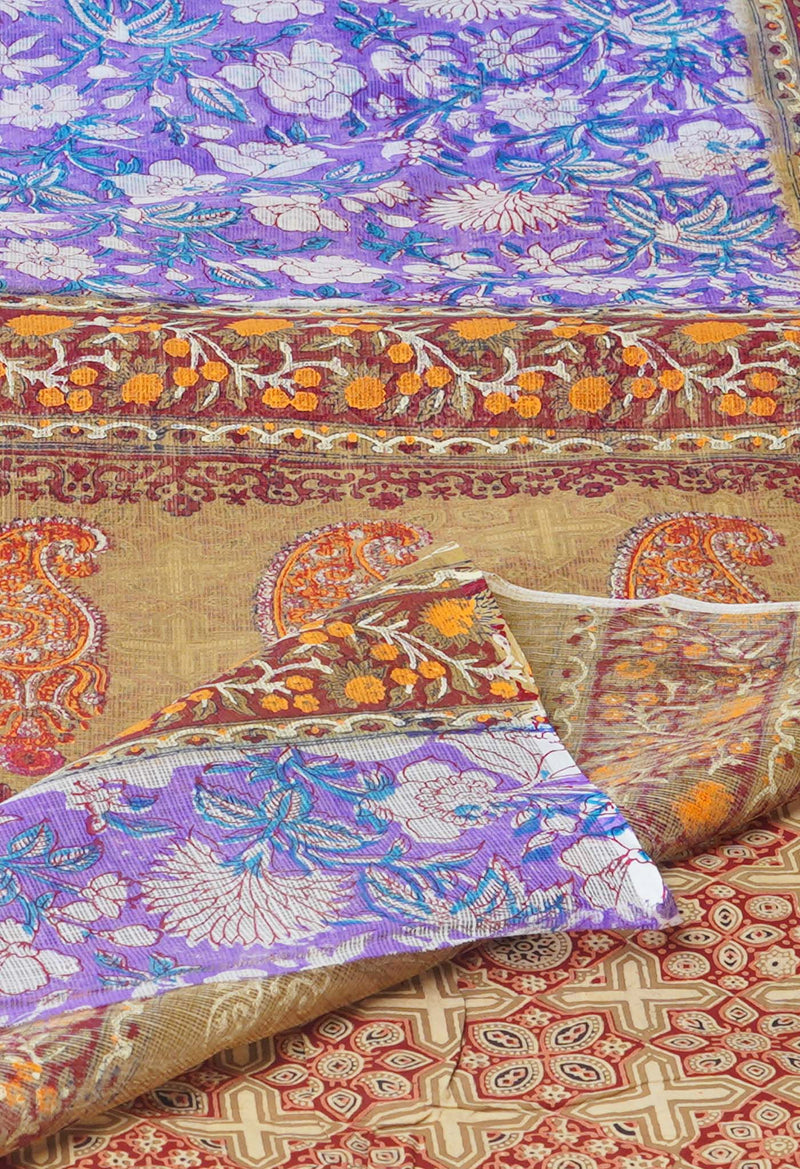 Purple Pure  Block Printed Kota Cotton Saree With Ajrakh Printed Blouse Piece-UNM74590