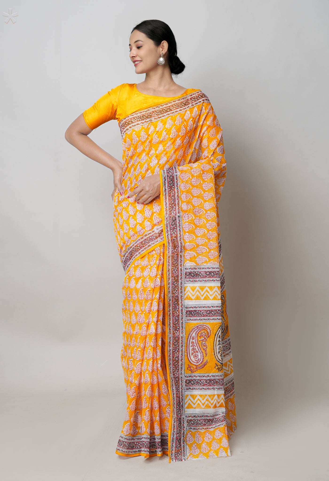 Yellow Pure Block Printed Kota Cotton Saree With Kalamkari Printed Blouse Piece