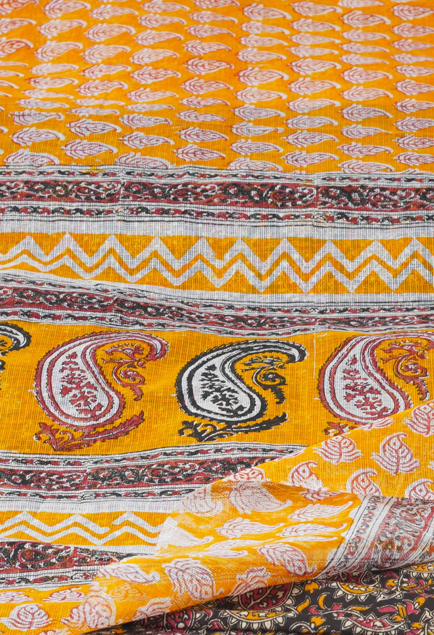 Yellow Pure Block Printed Kota Cotton Saree With Kalamkari Printed Blouse Piece