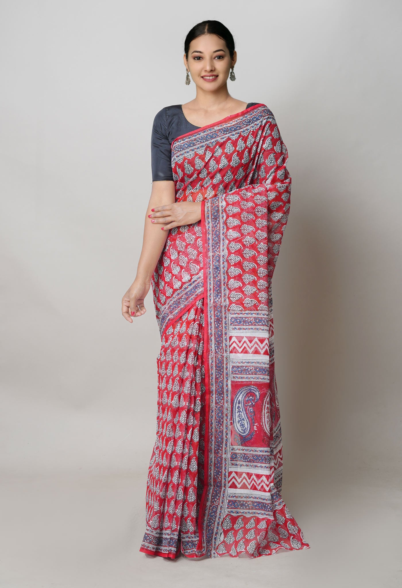 Red Pure Kota Cotton Saree With Kalamkari Printed Blouse Piece