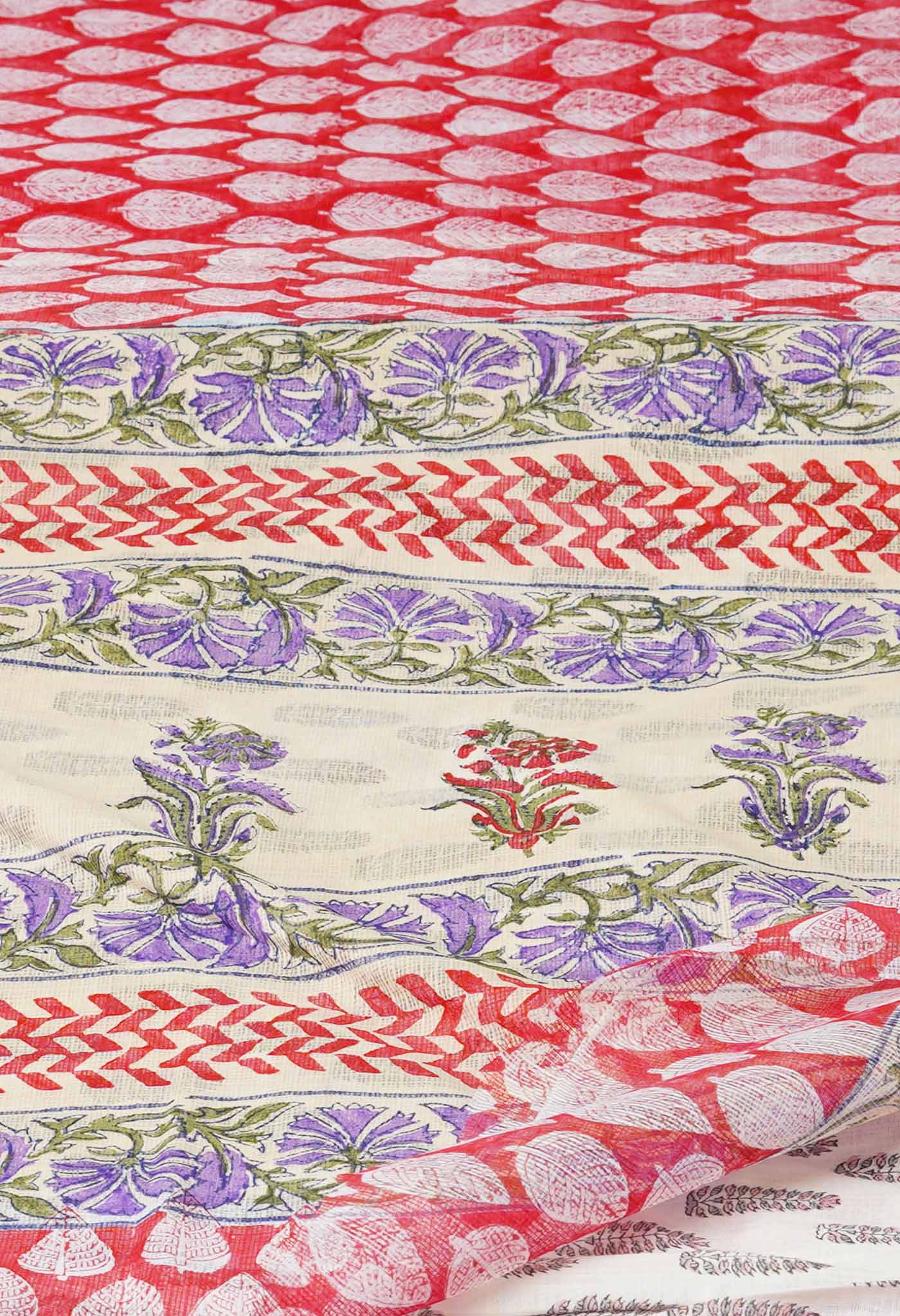 Red Pure Kota Cotton Saree With Kalamkari Printed Blouse Piece