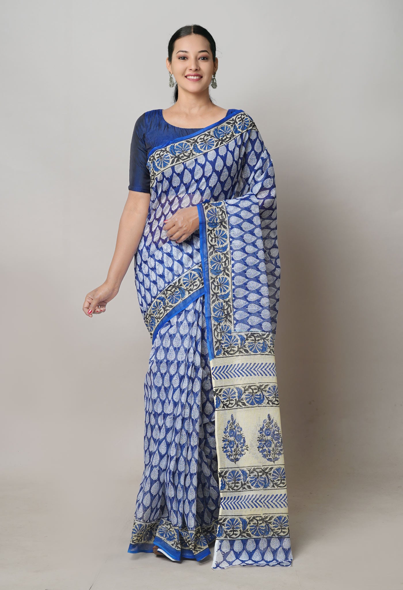 Blue Pure Block Printed Kota Cotton Saree With Kalamkari Printed Blouse Piece