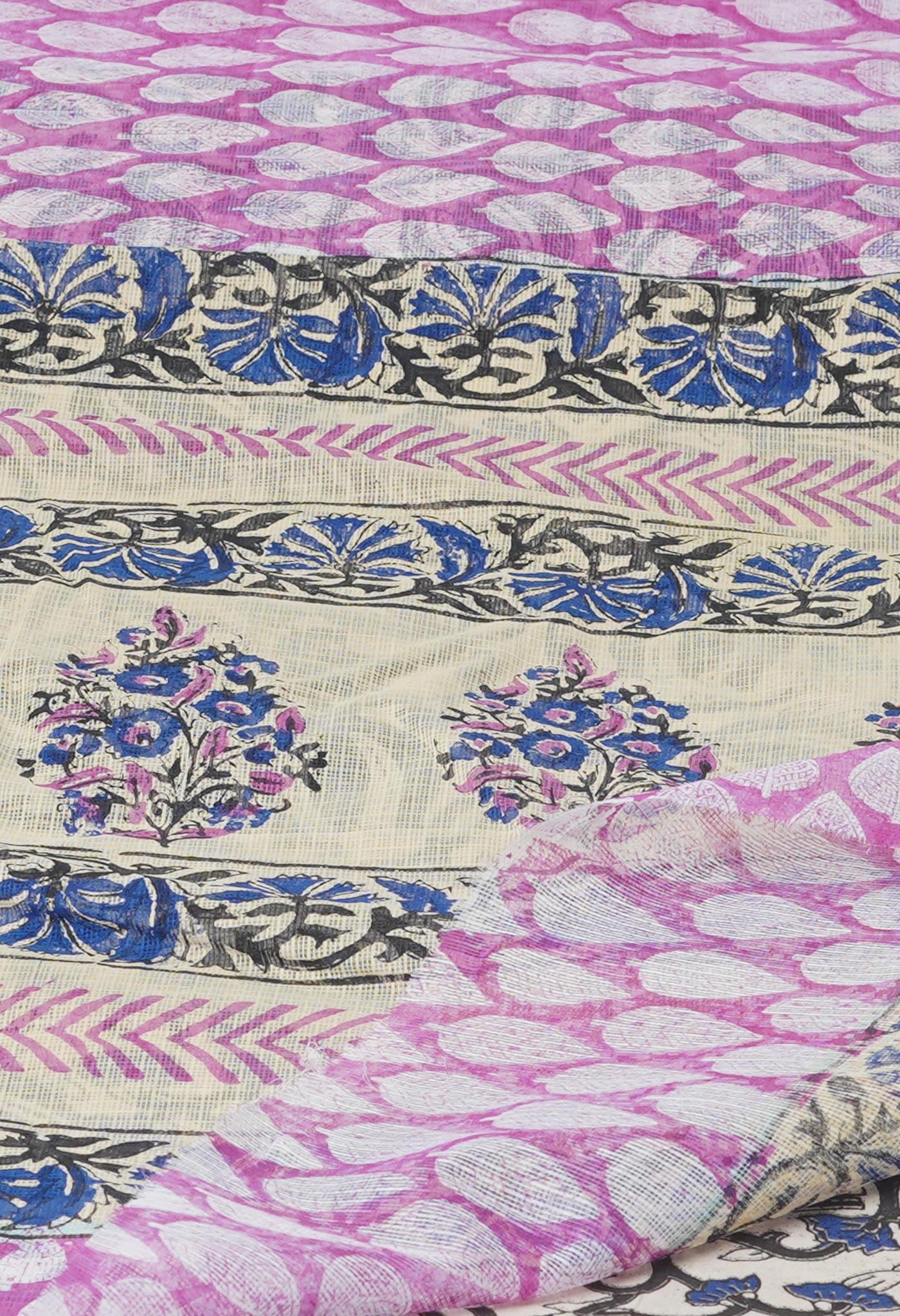 Pink Pure Block Printed Kota Cotton Saree With Kalamkari Printed Blouse Piece