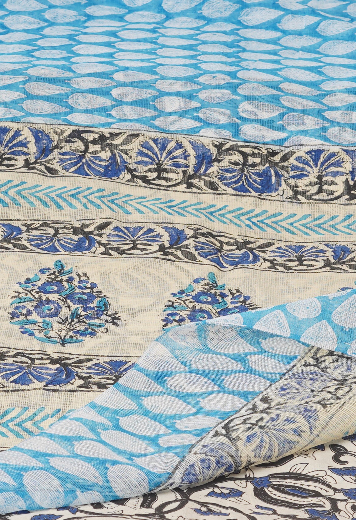 Blue Pure Block Printed Kota Cotton Saree With Kalamkari Printed Blouse Piece
