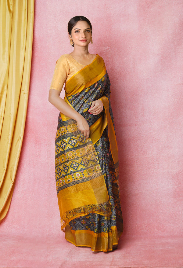 Black-Mustard Yellow Pure  Designer Printed Bengal Tussar Silk Saree-UNM74655