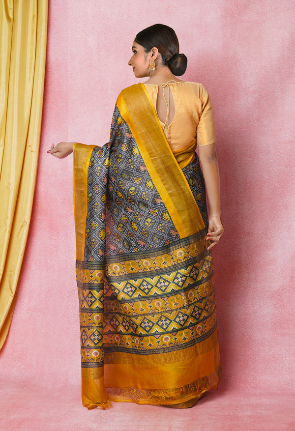 Black-Mustard Yellow Pure  Designer Printed Bengal Tussar Silk Saree-UNM74655