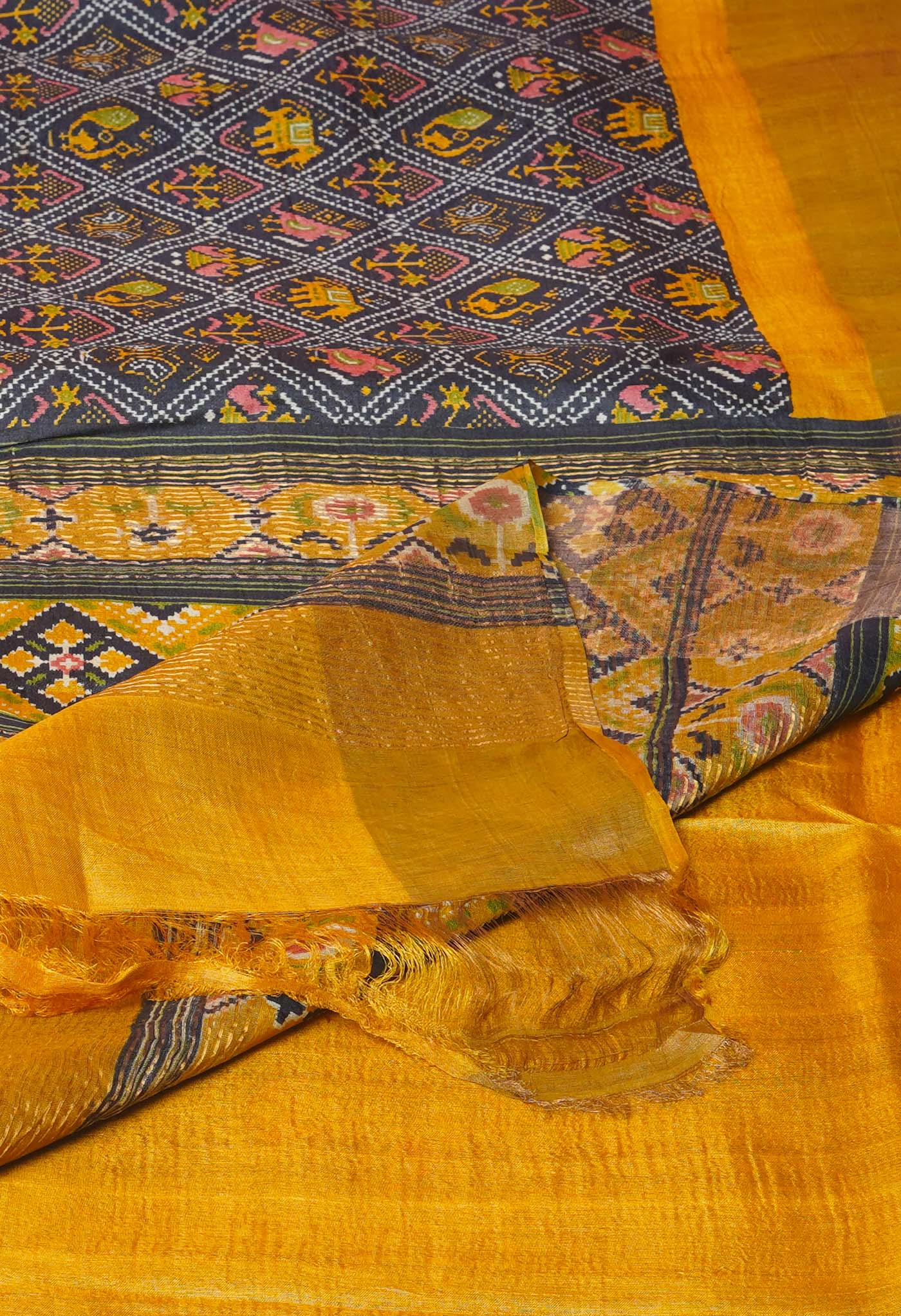 Black-Mustard Yellow Pure  Designer Printed Bengal Tussar Silk Saree-UNM74655
