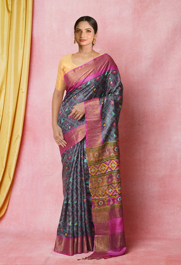 Black-Pink Pure  Designer Printed Bengal Tussar Silk Saree-UNM74656