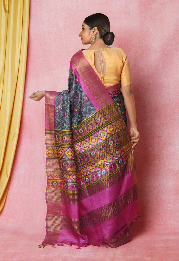 Black-Pink Pure  Designer Printed Bengal Tussar Silk Saree-UNM74656