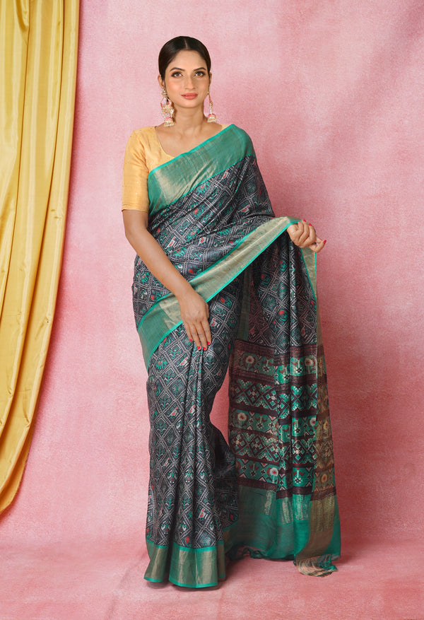 Black-Green Pure  Designer Printed Bengal Tussar Silk Saree-UNM74657