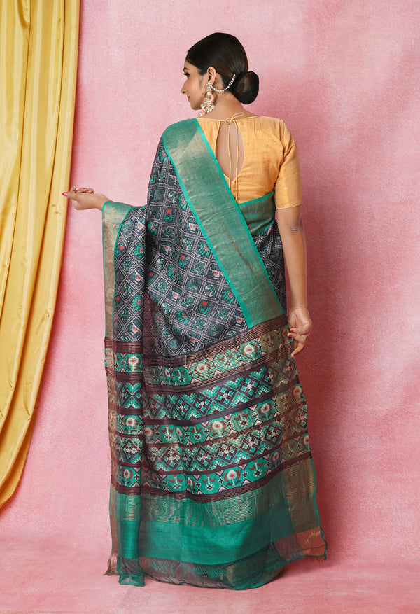 Black-Green Pure  Designer Printed Bengal Tussar Silk Saree-UNM74657
