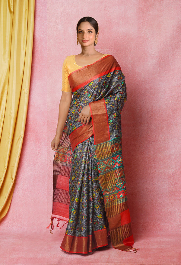 Black-Peach Red Pure  Designer Printed Bengal Tussar Silk Saree-UNM74658