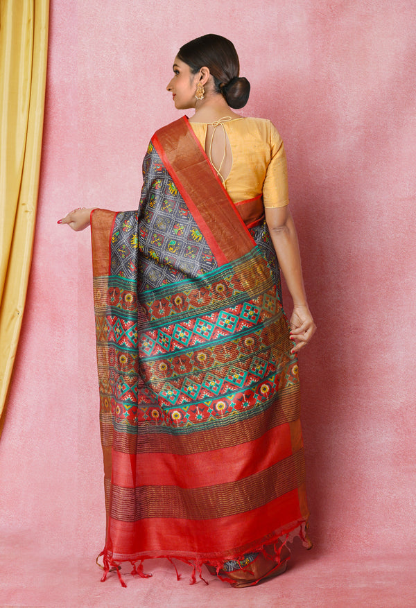 Black-Peach Red Pure  Designer Printed Bengal Tussar Silk Saree-UNM74658