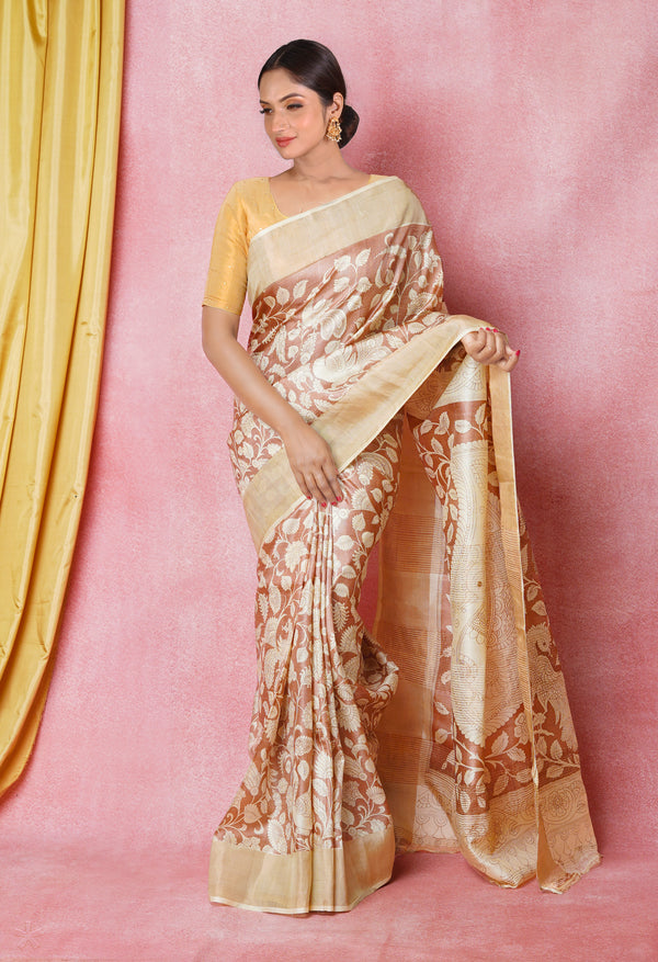 Peach Pink-Cream Pure  Designer Printed Bengal Tussar Silk Saree-UNM74659