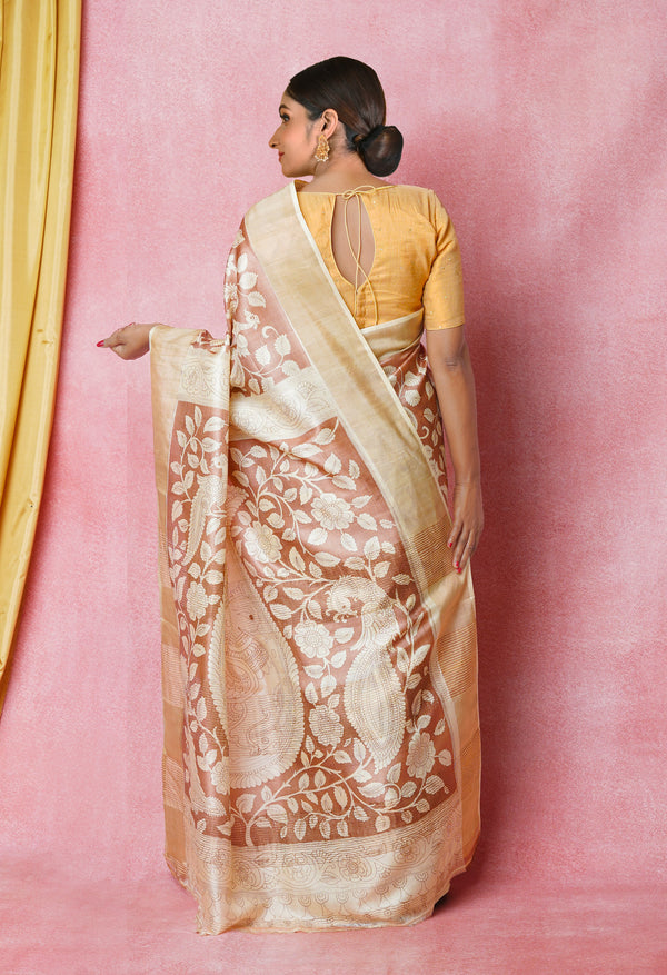 Peach Pink-Cream Pure  Designer Printed Bengal Tussar Silk Saree-UNM74659