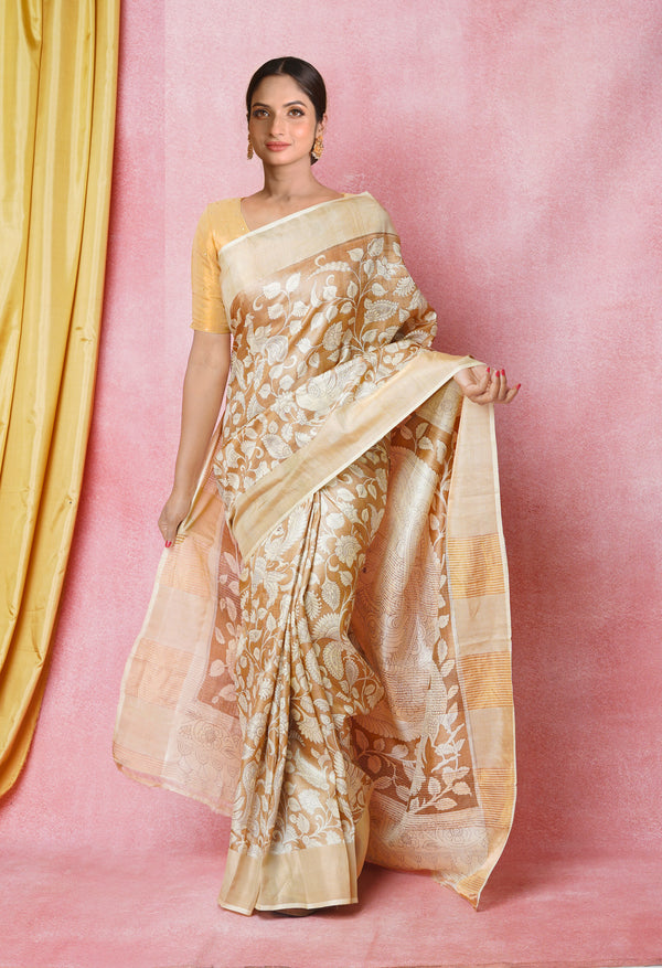 Peach Brown-Cream Pure  Designer Printed Bengal Tussar Silk Saree-UNM74660