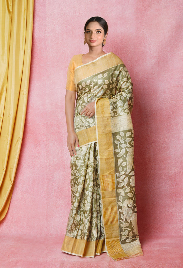 Olive Green-Cream Pure  Designer Printed Bengal Tussar Silk Saree-UNM74661
